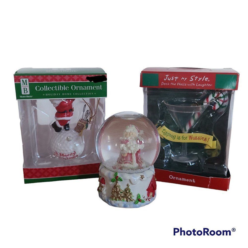 Vintage Christmas Tree Ornaments and Santa Snow Globe Décor Bundle Lot